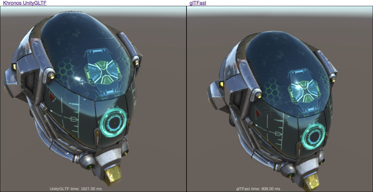 "Screenshot. UnityGLTF vs. glTFast"
